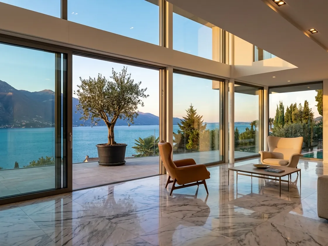 Vetrate e living di una villa di lusso a Manerba del Garda pulite da PerfectClean